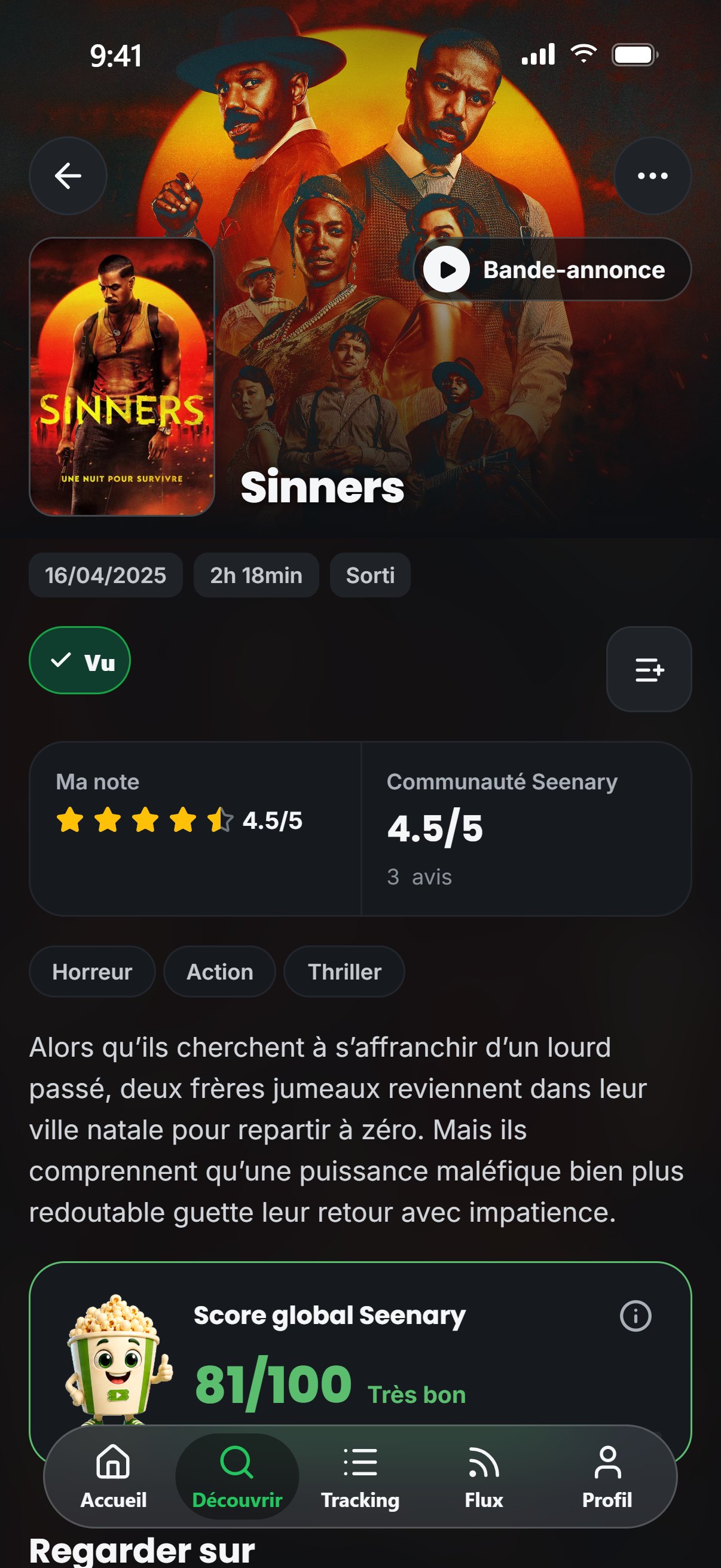 Fiche du film Sinners avec les notes et le Score global Seenary