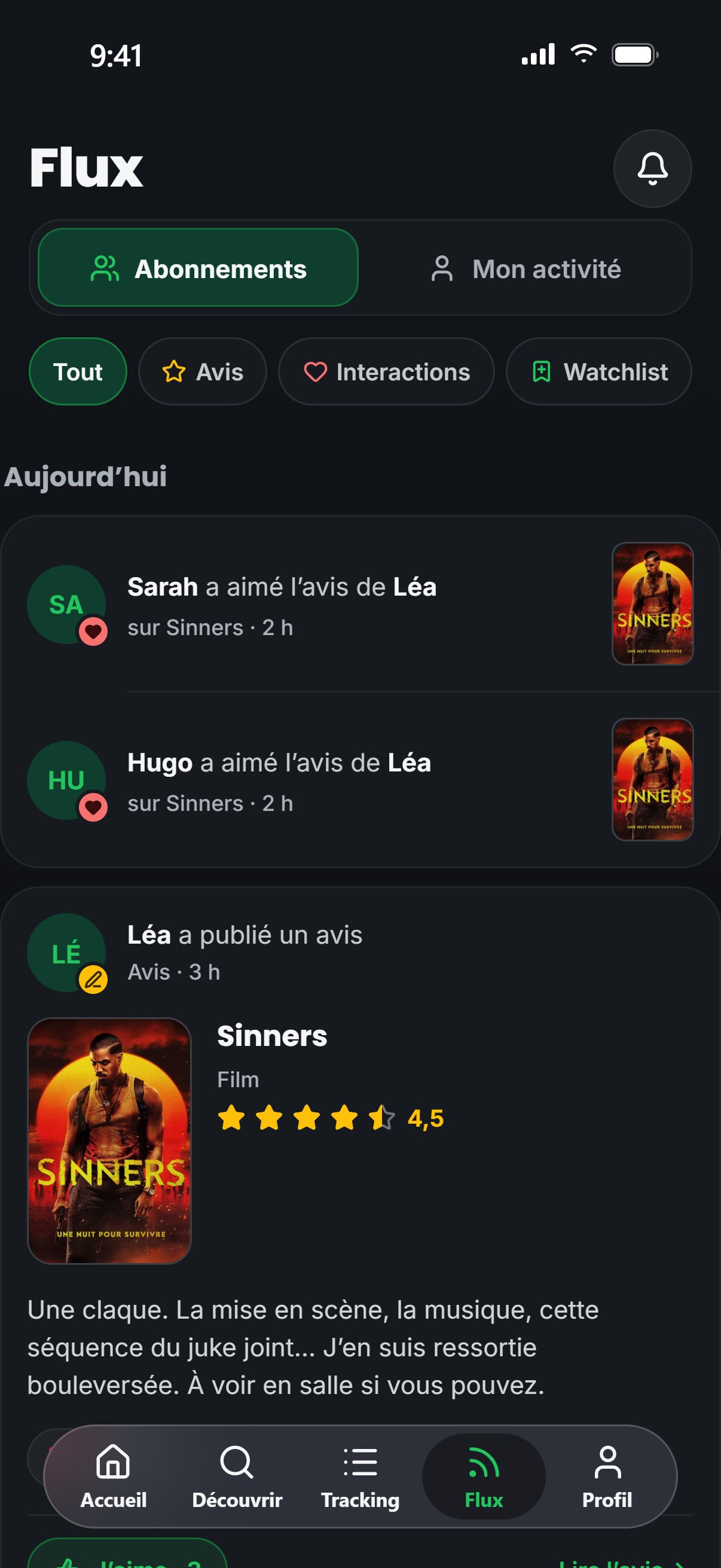 Flux d’activité Seenary avec l’avis d’une abonnée sur un film