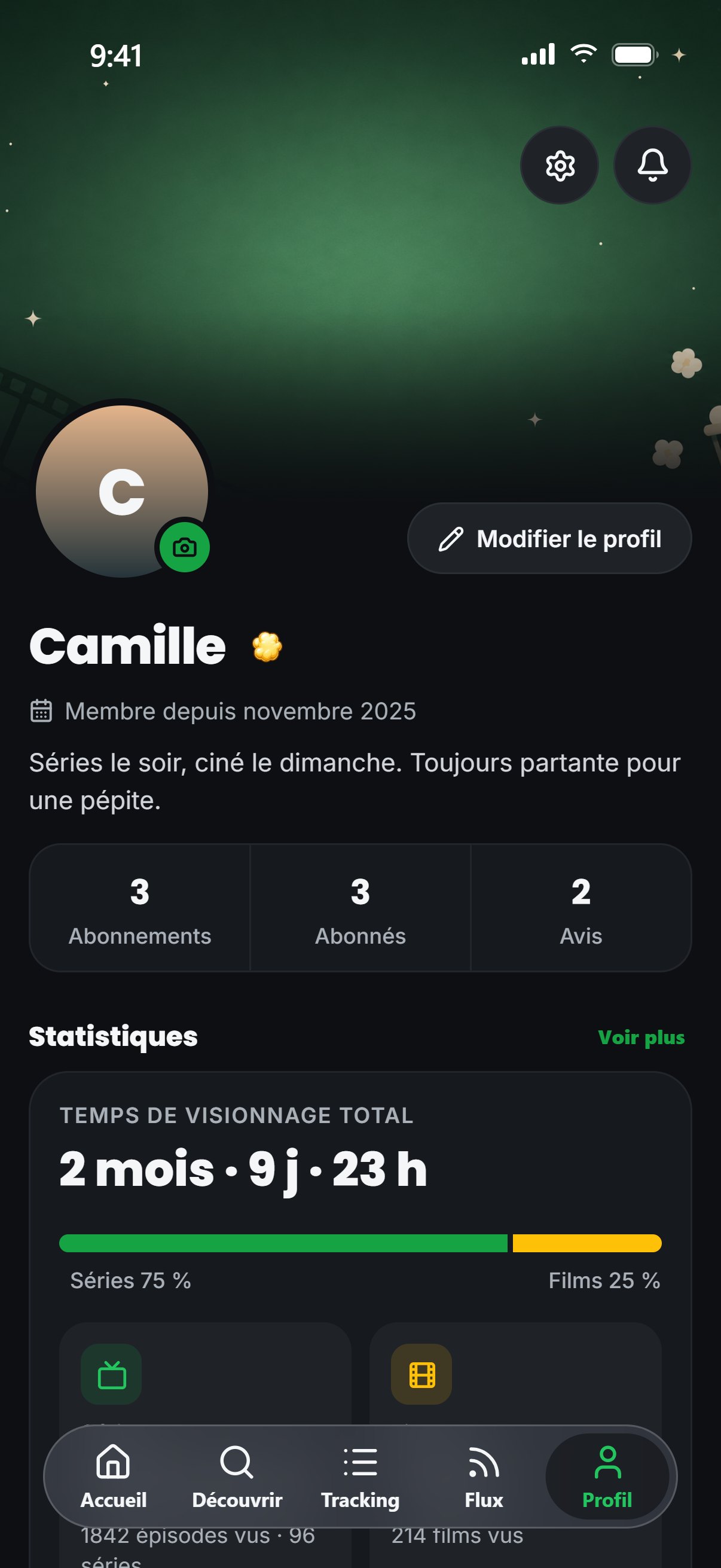 Profil Seenary d’un compte de démonstration avec ses statistiques