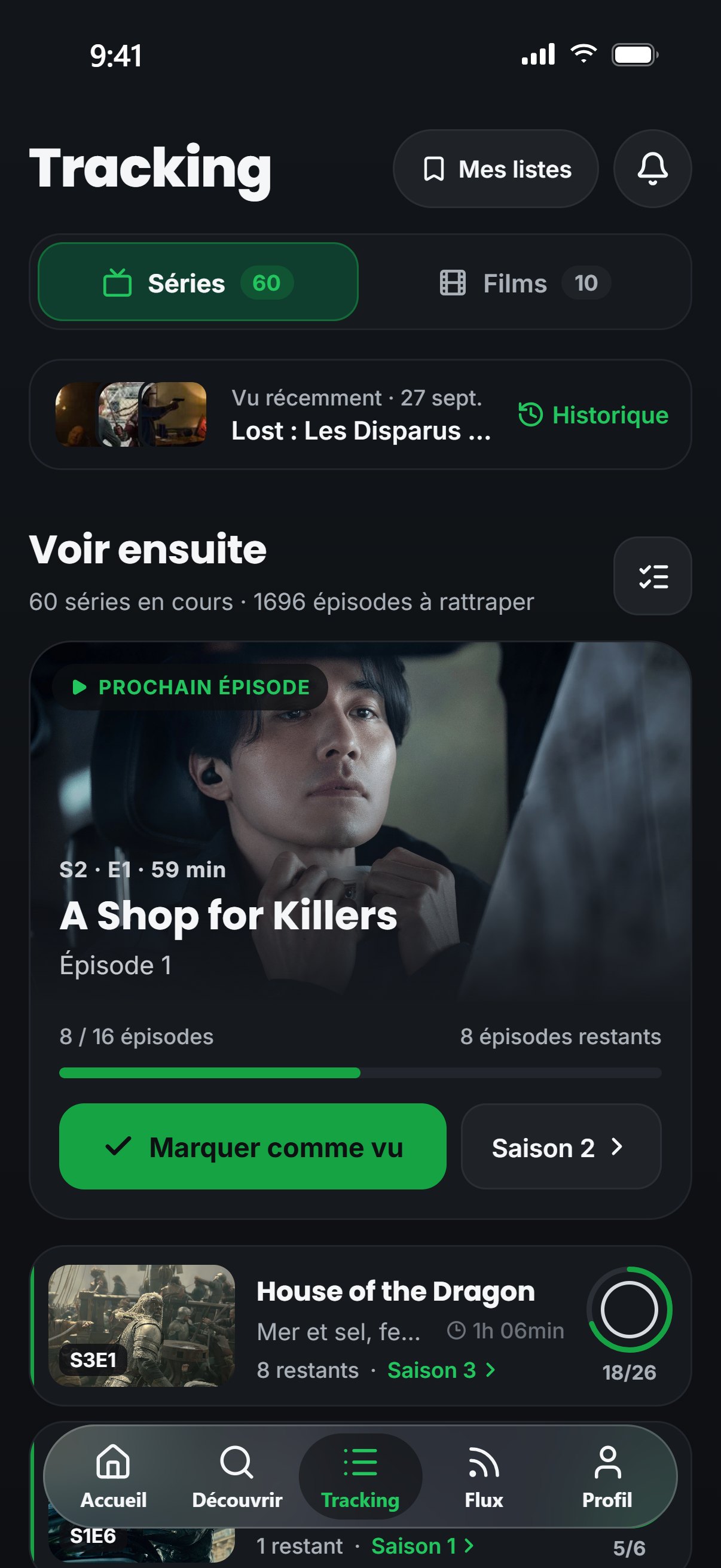 Écran Tracking de Seenary avec le prochain épisode à regarder